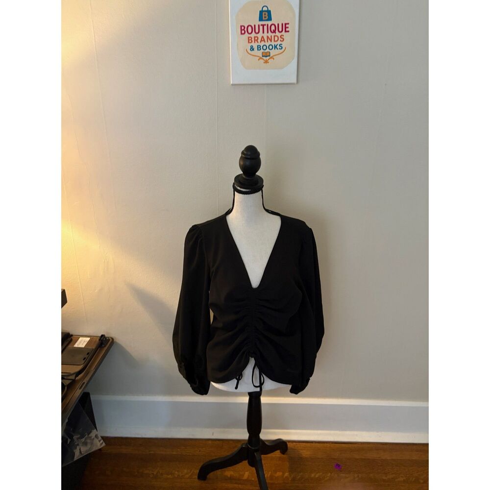 CeCe Black Ruched Deep V-Neck Long Sleeve Blouse | Size M